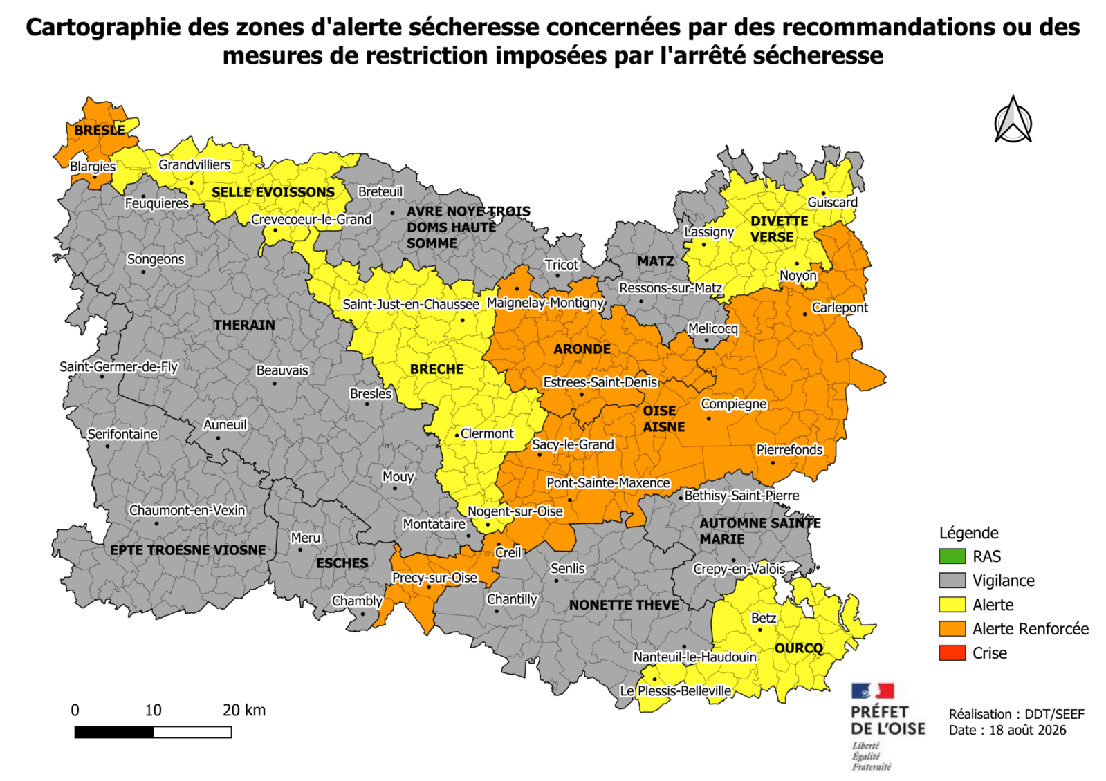 cartographie de l'oise - s&eacute;cheresse 21 aout 2026